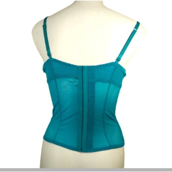 Vintage Bustier Corset Lingerie L Teal Blue Silver Sequin Underwired Pink Ribbon - Picture 5 of 8